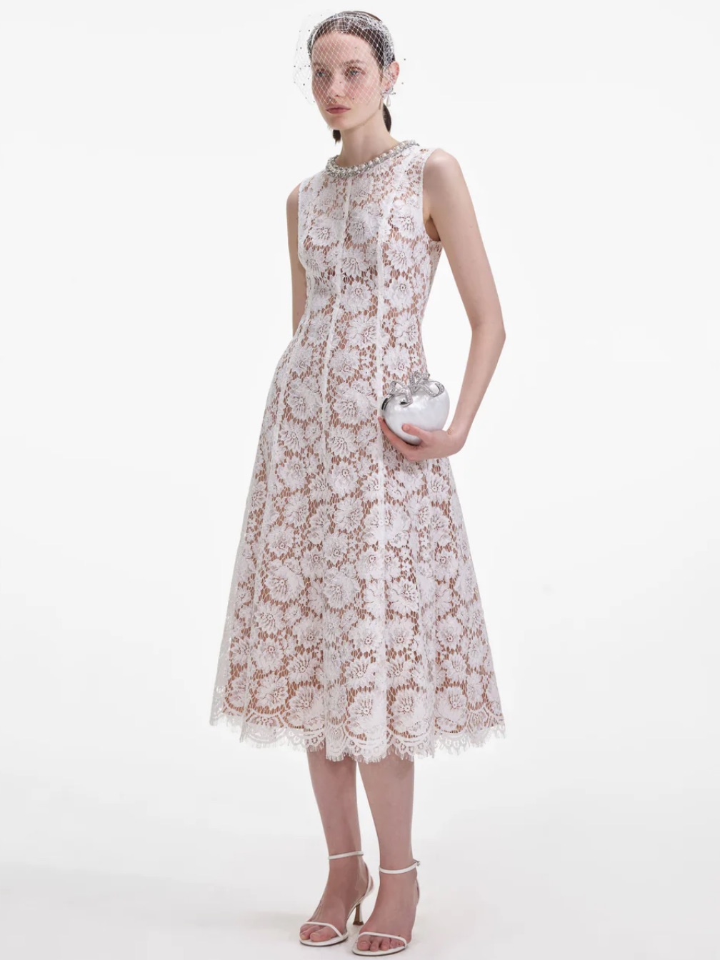 New! Self-Portrait White Floral Lace Midi Dress With Pearl Neckline Size 10